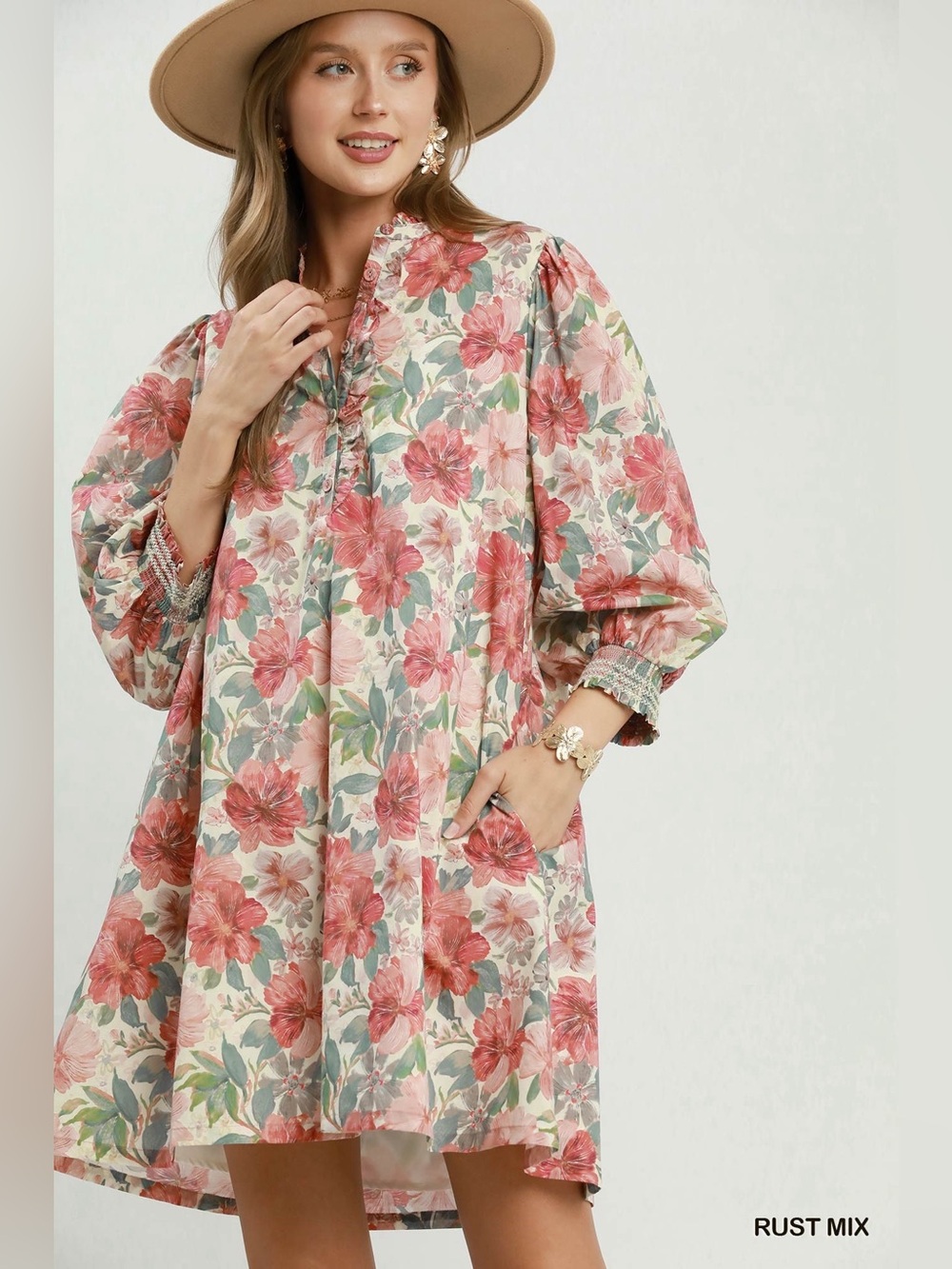 Umgee Mix Floral Print Smocked Cuff Mini Dress - Picture 1 of 7